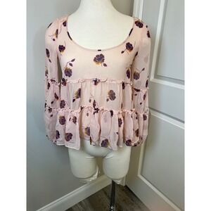 Pink Floral‎ Tiered Ruffle Long Sleeve Sheer Boho Babydoll Blouse Top